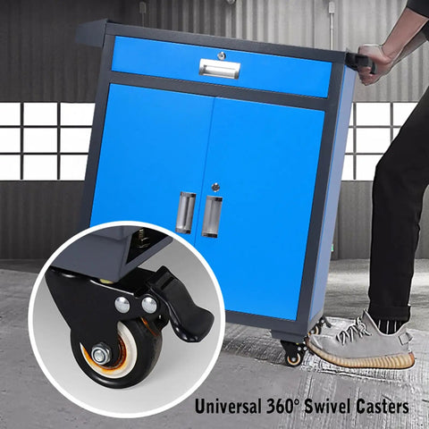 Heavy Duty Tool Cart With Drawer And Pegboard Screwdriver Holder 330 Pound Capacity Durable Steel Construction On Heavy Duty Wheels For Warehouse Garage And Workshop Use, blue steel cart with swivel casters
