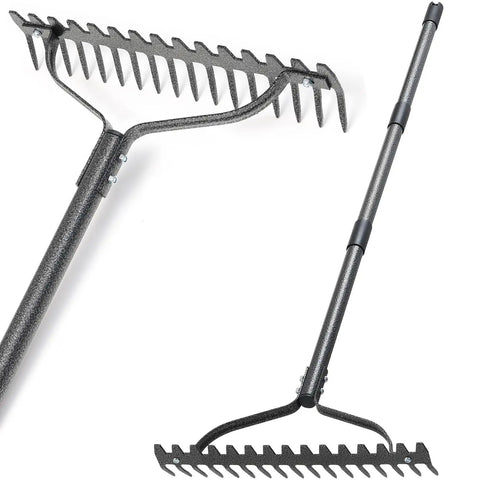 Beefy 63 Inch Heavy Duty Metal Garden Rake with Ergonomic Handle 17 Tines, anti-rust coating for soil loosen, lawn leveling, leaf cleaning.