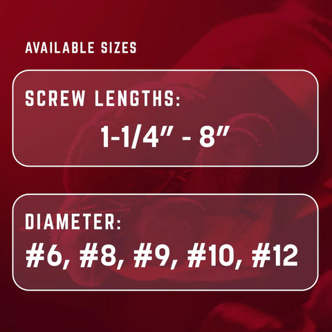 Available screw sizes for Rugged Multi Purpose Framing Screws With Climatek Coating, lengths 1-1/4” to 8”, diameter #6 to #12.