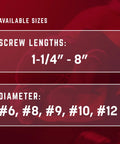 Available sizes for R4 9x2 Inch Multi-Purpose Framing Screws With Climatek Rust Resistant Coating, screw lengths 1-1/4” to 8”.
