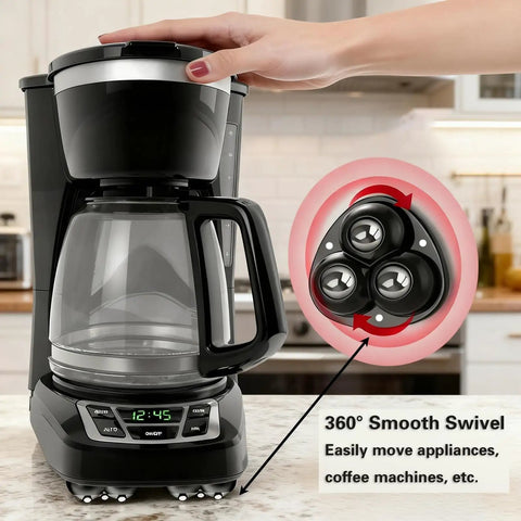 Glide Easy Appliance Mover Set With No Sweat Self Adhesive Mounts And Rock Solid 360 Swivel Casters For Kitchen Islands Coffee Bars And Couch Legs Eight Pack Black Finish on coffee maker with 360° swivel highlighted.