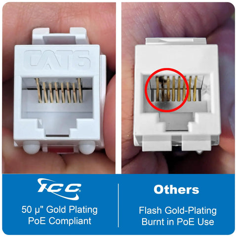 Comparison of Slim CAT6 Keystone Jack With 180 Degree Punch Down For Wall Plate Or Patch Panel RJ45 UL Listed PoE Plus Plus TAA Compliant White 25 Pack Works With JackEasy Termination Tool High Retention Gold Contacts For High Power Devices and a competitor's jack