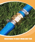 Rock Solid 3 Piece Garden Hose Quick Connect Brass Fittings 3/4 Inch External Threaded Repair Kit For Watering Plants And Flowers With Easy Grip Leaks Proof Setup That Makes Gardening A Total Vibe, brass hose connector on blue garden hose