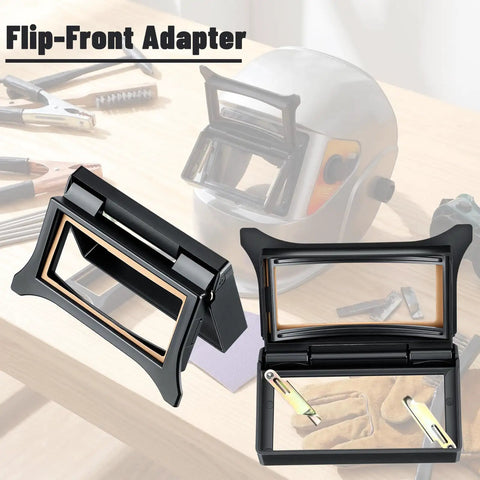 Black flip front adapters on table with welding helmet, part of 2 Pack Flip Front Adapters For Welding Helmets And Grinding Hoods Black Clip On Flip Front Upgrade Kit Made From Durable Plastic Spare Parts For Easy Replacement And Quick Flip Up Access During Long Weld Sessions.
