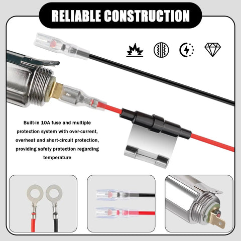 Boss Level Universal 12V Car Cigarette Lighter With Waterproof Heating Core And 24 Foot Extension Cord Plus Plug And Play Wiring Harness showing 10A fuse and wire connections.