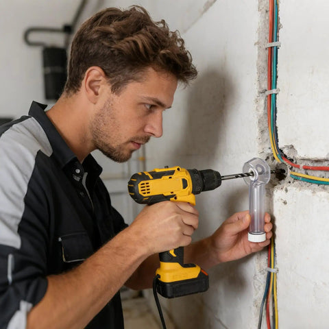 Slick Drill Dust Cover Attachment For Saws And Drill Bits With No Sweat Debris Capture System in use on drywall with a drill.