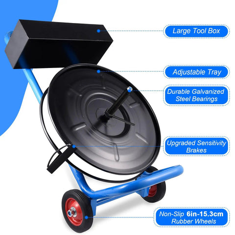 Heavy Duty Strapping Cart Rolling Dispenser Stand For 8 Inch Poly And Steel Coils Smart Mobile Workstation Keeping Gear Within Arm Reach For Pain Free Packouts Today with large tool box and rubber wheels.