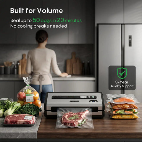 Automatic Vacuum Sealer For Food With Hands Free Operation And Built In Cutter And Roll Storage on kitchen counter sealer in action