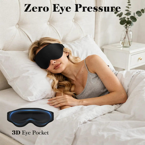 Woman sleeping with 3D Eye Mask For Sleep And Travel For Men And Women, 100 Percent Pressure Free Contoured Eye Pockets, Black