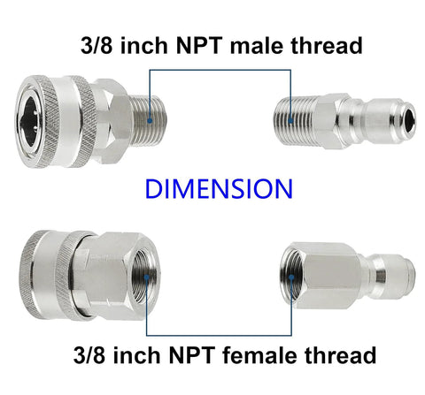 Front view of 3/8 inch NPT stainless steel quick-connect fittings set (4 pieces) with male and female threads for pressure washers