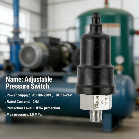 Air Compressor Pressure Switch With Adjustable Settings Stainless Steel Body One Eighth Inch PT Thread Normally Open Compact