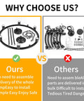 Comparison of two chandelier kits: pre-assembled black wagon wheel vs. disassembled parts with text about ease of installation.