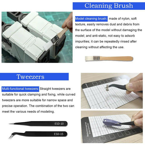 Using a cleaning brush on a model with Pro Grade Gunpla Scribing Tool Kit With 7 Blade Model Scriber Chisel Set 0.1 To 2.0mm