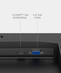 View of HDMI and VGA ports on Pro MP225 E12VL 22 Inch IPS FHD Monitor With 120Hz Refresh Adaptive Sync HDMI Video Port VESA Mountable Tilt 1Ms Response Eye Comfort Tech For Smooth Gaming And Daily Grind Tasks.