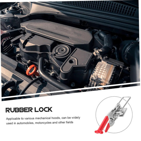 Engine bay with Rubber T Handle Hasp Latch for toolboxes and car hoods, flexible and durable draw latch shown separately.