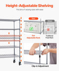 5 Tier Rolling Bin Storage Rack With 16 Organizer Bins, showcasing height-adjustable shelving with clip-in adjustment on casters.