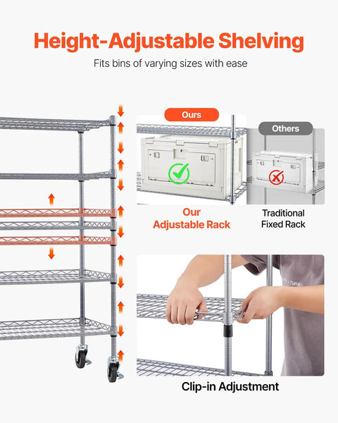 5 Tier Rolling Bin Storage Rack With 16 Organizer Bins, showcasing height-adjustable shelving with clip-in adjustment on casters.