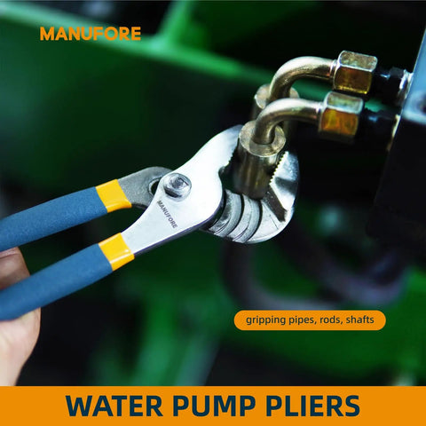 Close-up of 8 inch water pump pliers gripping a pipe, part of the Three Piece Pliers Set For DIY And Home Use, carbon steel build.