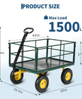 Heavy Duty 1500 Lbs Capacity Mesh Steel Garden Cart With Folding Removable Sides On Wheels A Real Workhorse For Hauling Soil Gravel Tools And Plants All Over The Yard Or Farm, displaying dimensions
