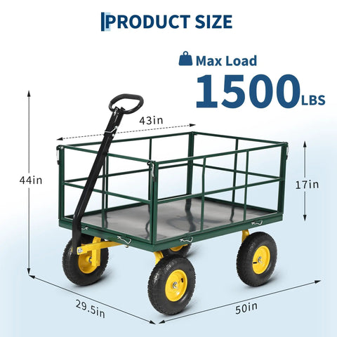 Heavy Duty 1500 Lbs Capacity Mesh Steel Garden Cart With Folding Removable Sides On Wheels A Real Workhorse For Hauling Soil Gravel Tools And Plants All Over The Yard Or Farm, displaying dimensions