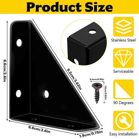 Beefy Heavy Duty Metal Corner Brackets for Wood showing dimensions and features in black finish.