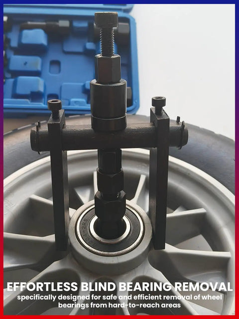 Close-up of 10 Piece Motorcycle Blind Bearing Puller Kit With 8 Mm To 25 Mm Collets Inner Extractor Tool Set used on a wheel.