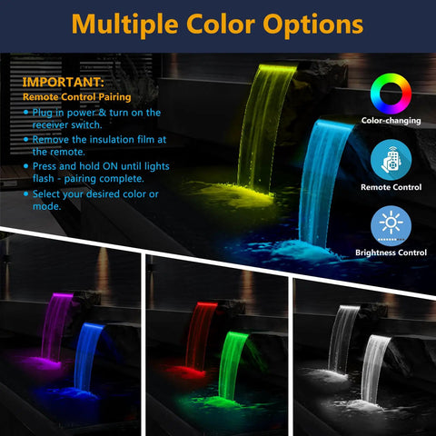 Pond Waterfall Kit With LED Lights and All In One Stainless Steel Spillway showing multiple color options, 8 inch