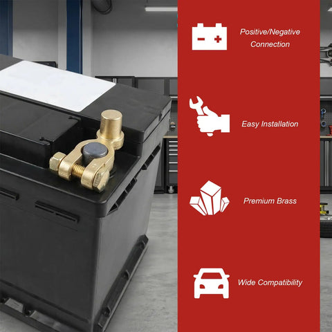 Slick SAE To JIS Battery Terminal Converters 2 Piece Quick Release Top Post Clamps on a car battery, showcasing premium brass construction.