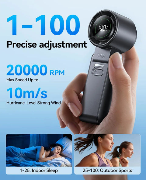 Ultra Portable USB Rechargeable Handheld Fan With 100 Speed Turbo Airflow LED Display in hand showing settings.