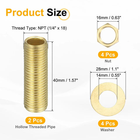 Two Pack Brass Lamp Repair Hardware Kit With 1.57 Inch Brass Pipe, Lock Nuts And Washers, One Quarter Inch NPT Threaded Nipples, Gold Tone