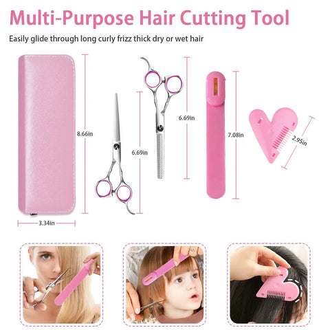 Game Changing DIY Haircutting Kit For Home Use Including Ultra Slick Hair Scissors Split Ends Trimmer And Precision Bangs Clips with pink shears and clips.