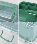 Collage of a Clear Storage Box With Removable Divider Tray for Easy First Aid and Medicine Organization, featuring handle and compartments.