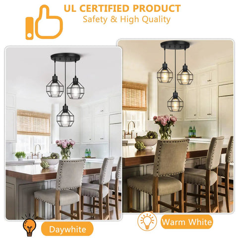 Farmhouse 3 Light Pendant Fixtures With Adjustable Cords For Kitchen Island And Dining Room Industrial Black Metal Cage Ceiling Lamp Vintage Style Hanging Pendant Lighting With Modern Rustic Boss Vibe above kitchen island showing daywhite and warm white lighting effect with chairs and decor.