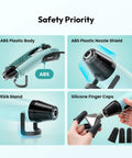 Safety features of Dual Temp 350W Heat Gun for Resin and DIY Crafting with 3 Nozzles and 3 Silicone Covers, showing ABS plastic body