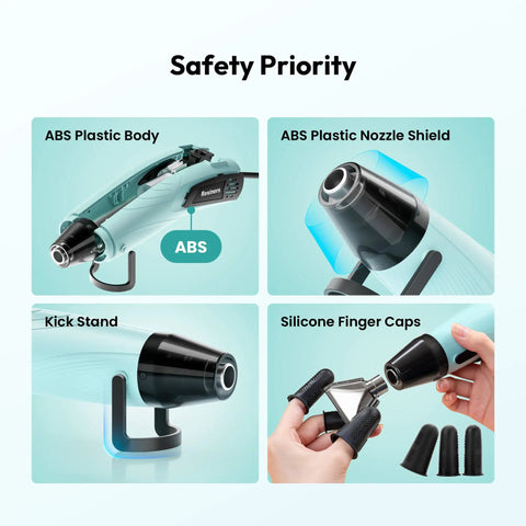 Safety features of Dual Temp 350W Heat Gun for Resin and DIY Crafting with 3 Nozzles and 3 Silicone Covers, showing ABS plastic body