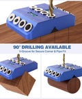 Angle Drill Guide Jig Kit With Fixed 30 Degree 45 Degree And 90 Degree Angles Portable Doweling Jig With Four Sizes HSS Bits For Cable Railing Deck Stairs Handrails And 4x4 Wood Posts Pro Grade Aluminum Drilling Template, showing 90-degree angle drilling on wood.