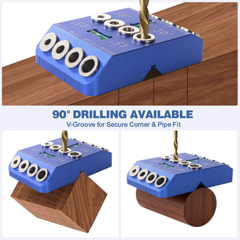 Angle Drill Guide Jig Kit With Fixed 30 Degree 45 Degree And 90 Degree Angles Portable Doweling Jig With Four Sizes HSS Bits For Cable Railing Deck Stairs Handrails And 4x4 Wood Posts Pro Grade Aluminum Drilling Template, showing 90-degree angle drilling on wood.