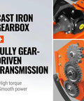 Image showing cast iron gearbox and fully gear-driven transmission for 72 Inch Rotary Tiller With Gear Drive For 3 Point Hitch Cat 1 And 2 PTO Shaft Included With Slip Clutch 35 To 70 HP Tractors Heavy Duty Torque And Smooth Power Transfer MRT72, emphasizing high torque and smooth power.