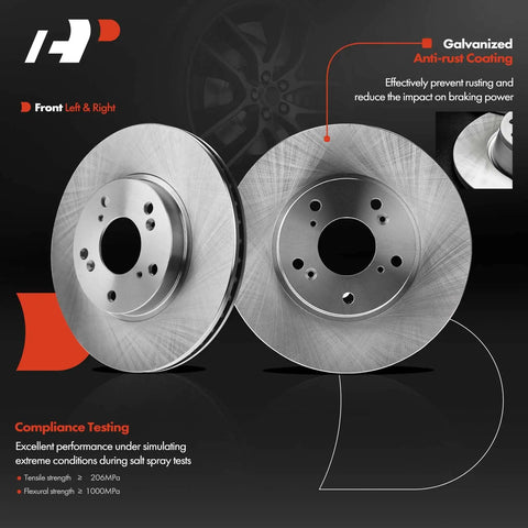 Front Vented Disc Brake Rotors And Ceramic Pads Kit For Honda And Acura Cars with anti-rust coating, compliance testing details visible