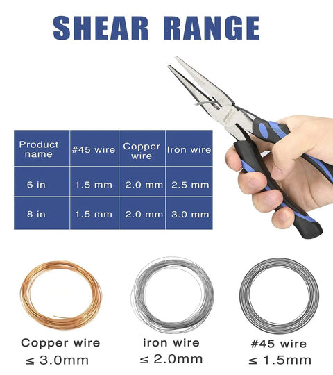 6 Inch Long Needle Nose Pliers With Side Cutting For Precision Gripping And Cutting In Nickel Chromium Steel with shear range chart
