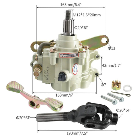 Beefy Shaft Driven Reverse Gear Box And Transmission For 150cc 200cc 250cc 300cc ATVs with sizes and components shown