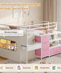 Low Loft Bed With Desk And Six Storage Drawers For Kids Space Saving Twin Loft Bed With Bookshelf LED Lights Under Bed Play Space Guardrail 13.8 Inches Inclined Ladder And Play Curtain Pink And White, room view