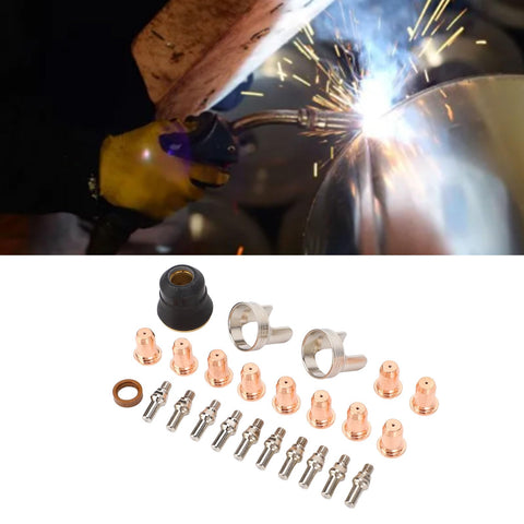 Plasma Cutter Consumables Kit For Compatible Machines 24 Piece Replacement Nozzle And Electrodes Set displayed with welding
