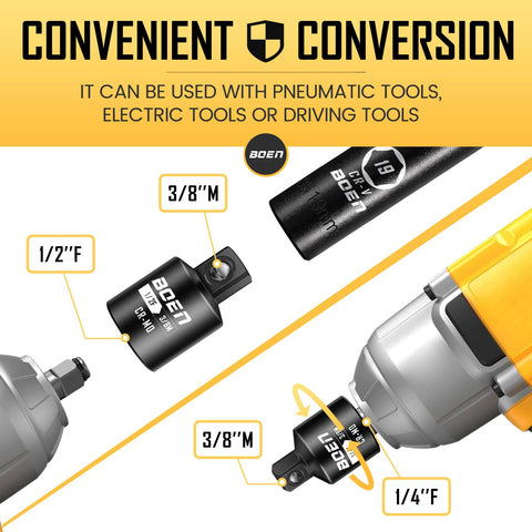 Diagram of Four Piece Impact Socket Adapters And Reducers Set For One Quarter Three Eighths And One Half Inch Drives with CR MO Steel.