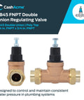 CashAcme EB45 pressure regulating valve, double union, 3/4 in FNPT brass body with poly top, two front/side views.