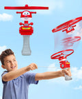 Child playing with Outdoor Flying Disc Launcher Toy for Kids Ages 3 4 5 6 7 8 Boys and Girls, easy pull string airplane design