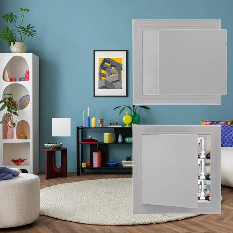 Straight Up Heavy Duty Self Adhesive Access Panel For Drywall Pipes And Electrical Wires ABS Plastic Utility Cover White in a modern room.