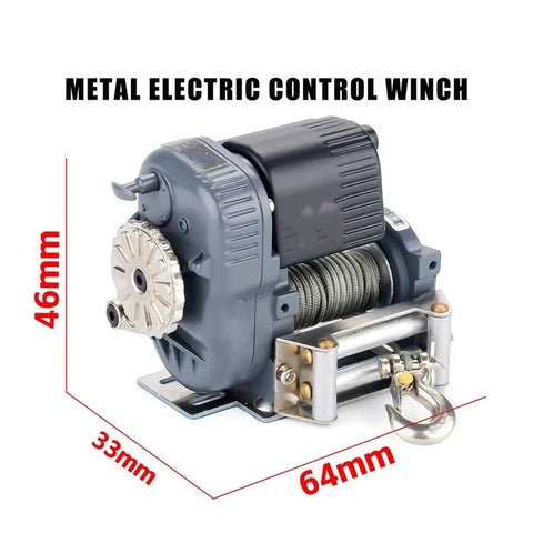 Heavy Duty Metal Electric Winch With Wireless Remote Control For TRX4 SCX10 D90 1/10 Rc Crawler showing dimensions 46mm, 33mm, 64mm.