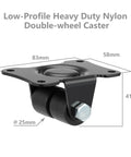 Tough As Nails 1 Inch Double Nylon Caster Wheels Set Of Four Black Rigid Plate Mount Casters For Beds And Workbenches Designed For Heavy Lifting Jobs With Smooth Rollin Action And Wear Resistant Tracks, showing low-profile dual-wheel design.