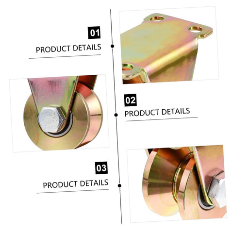 Close-up views of 16pcs Steel Pulley Block Set for Heavy Duty Sliding Gate Roller Track Wheel, showing V-groove wheels and mounting detail.